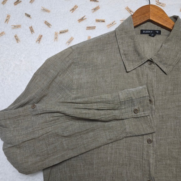 Eileen Fisher Womens Tunic Top Cotton Linen Blend Olive Green Button Down - Picture 3 of 16